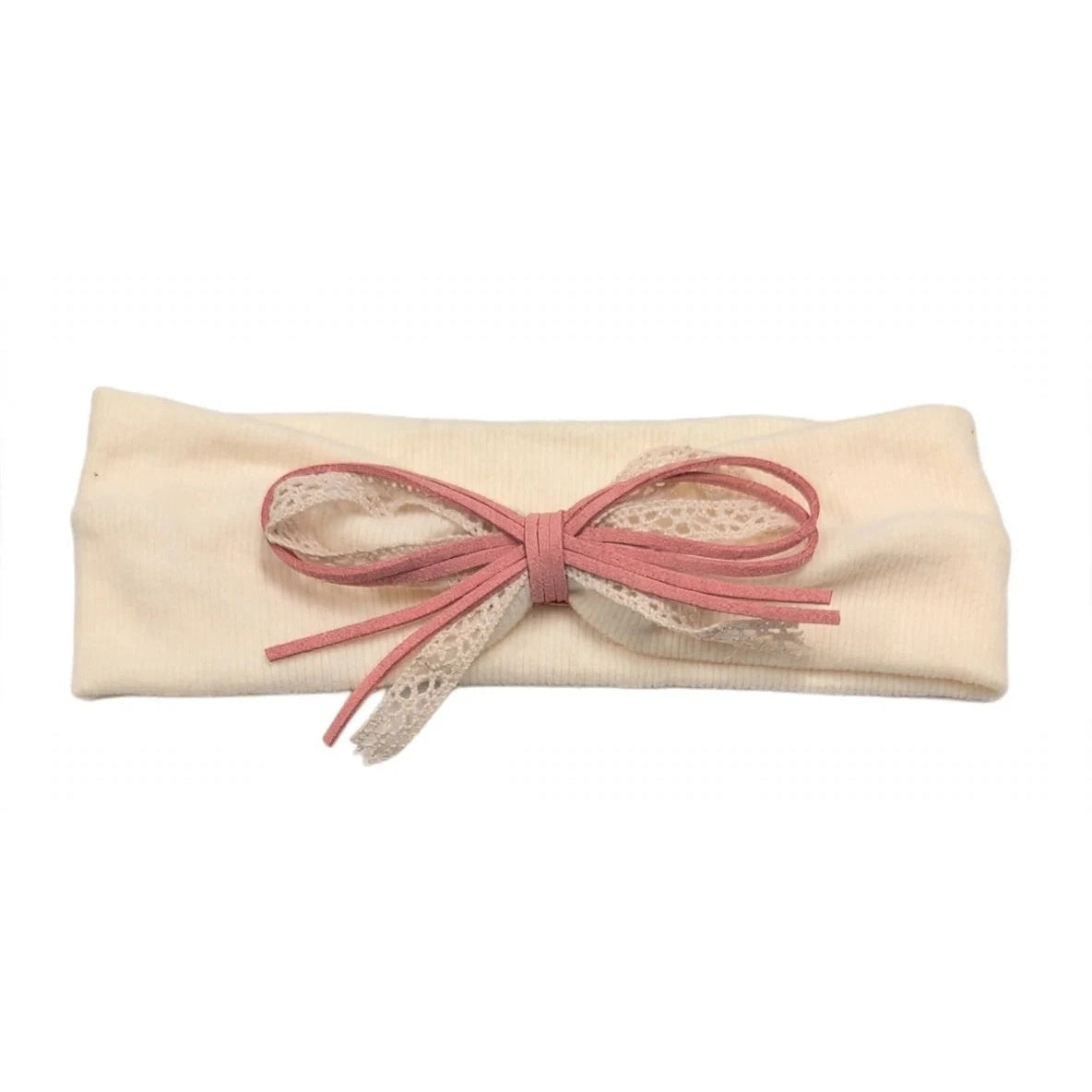 Dainty Lace Baby Headband in cream with a pink suede and lace bow, thick band style.